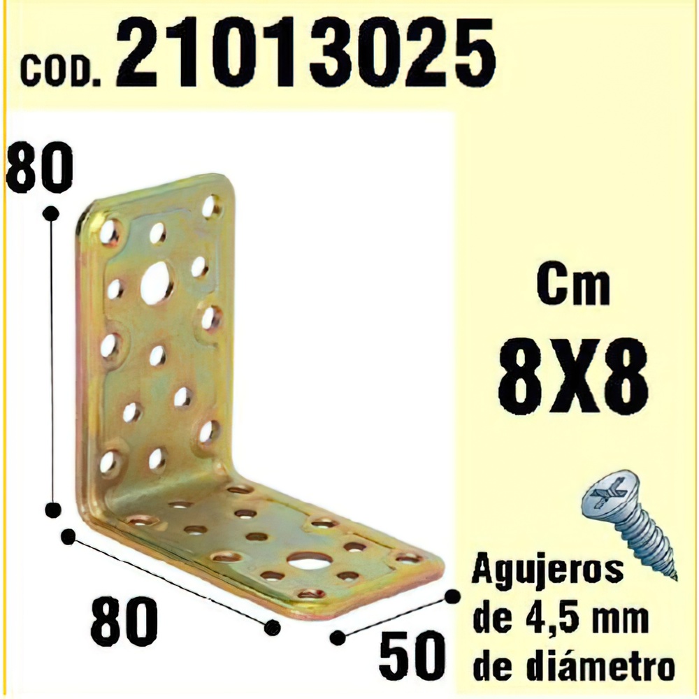 Soporte / Palomilla para madera &aacute;ngulo bicromatado - Medida: 50x 80x 80 mm. - Realizado en metal. - &Aacute;ngulo bicromatado.